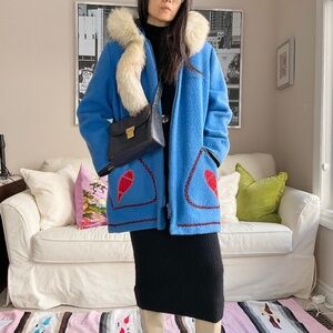 Vintage embroidery and applique scenic fur trim winter coat